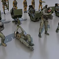 Multiple Military Figures in Various Action Poses Standing Kneeling and Carrying Equipment
