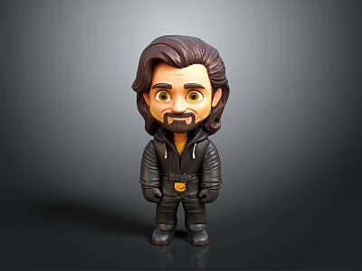 Cartoon Character Figurine with Brown Hair Black Jacket and Pants in Chibi Style 3d model