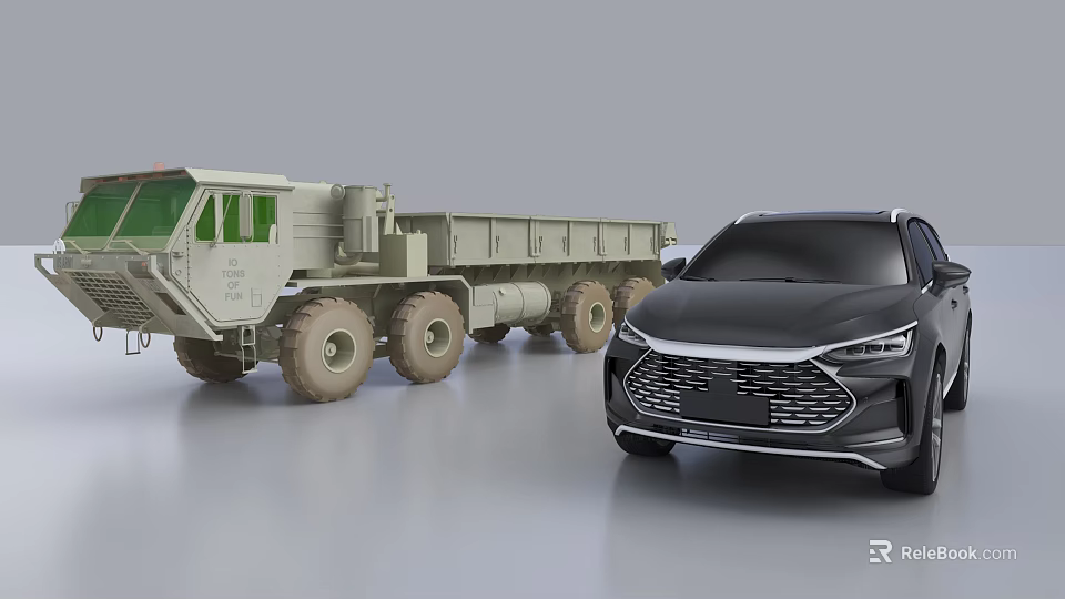 Green Military Heavy Duty Truck And Black Modern SUV Vehicle 3d model 