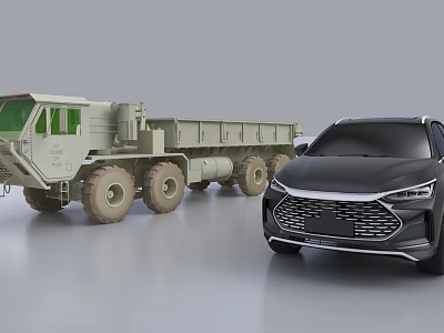 Green Military Heavy Duty Truck And Black Modern SUV Vehicle 3d model