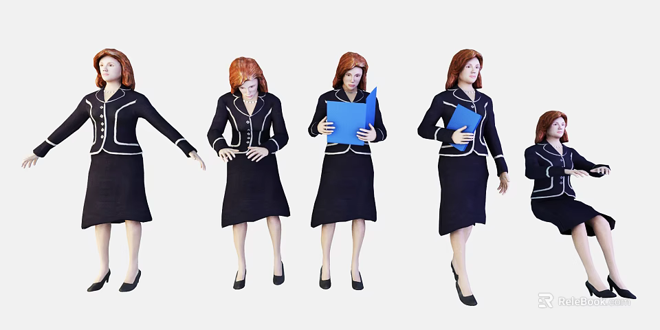 Woman With Red Hair In Black Suit Dress Holding Blue Folder In Various Poses 3d model 