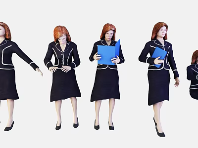 Woman With Red Hair In Black Suit Dress Holding Blue Folder In Various Poses 3d model