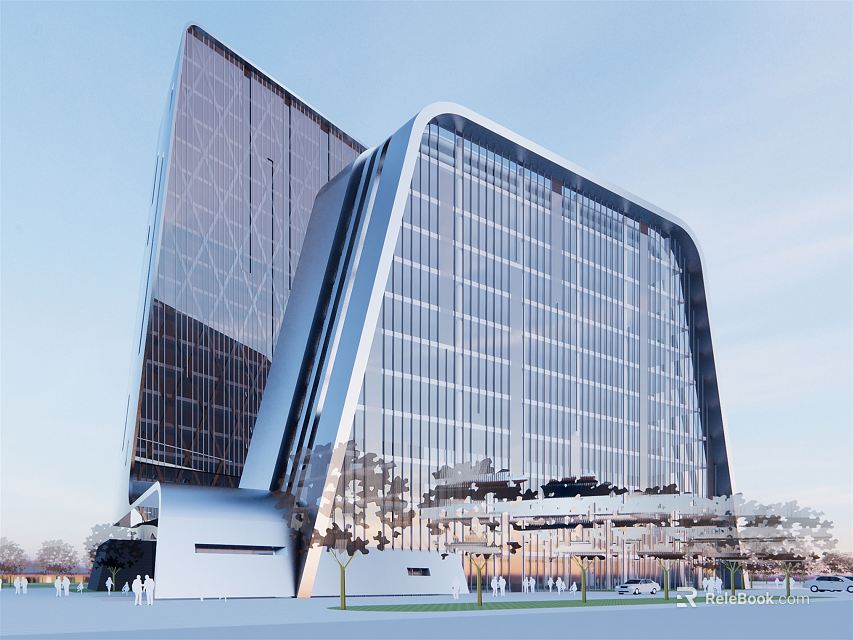 Modern Contemporary Office Building Exterior With Glass Curtain Wall And Sleek Curved Design 3d model 