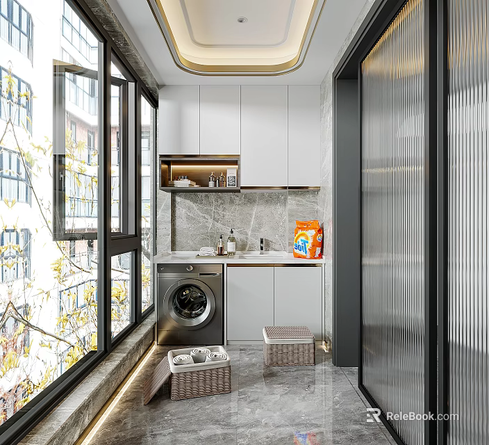 Modern Home Balcony With Washing Machine Cabinets Windows And Storage Baskets 3d model 