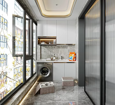 Modern Home Balcony With Washing Machine Cabinets Windows And Storage Baskets 3d model
