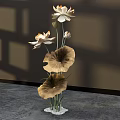 Floral Art Display With White Orange Edged Lotus Flowers Brown Leaves And Crystal Base