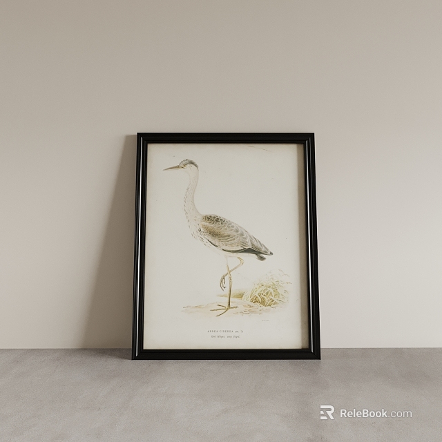 Black Decorative Photo Frame with Bird Illustration Print on Gray Surface and Beige Wall 3d model 