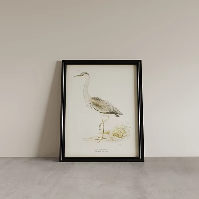 Black Decorative Photo Frame with Bird Illustration Print on Gray Surface and Beige Wall 3d model