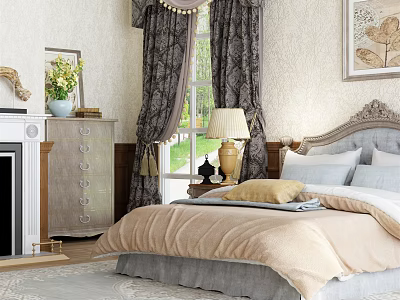 Elegant Bedroom With Background Double Bed Carved Headboard Beige Quilt Gray Pillows And Curtains 3d model