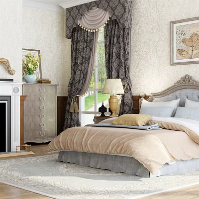 Elegant Bedroom With Background Double Bed Carved Headboard Beige Quilt Gray Pillows And Curtains 3d model