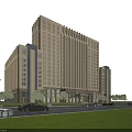 Modern Beige Hotel Building With Large Windows Urban Roadside Trees And Blue Sky