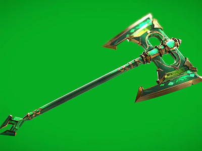 Ornate Battle Axe With Green Gemstones And Gold Decorations On Green Background 3d model