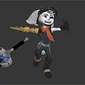 Game Movie Character with Goggles Mechanical Arm Red Scarf Hammer Weapon in Dynamic Pose