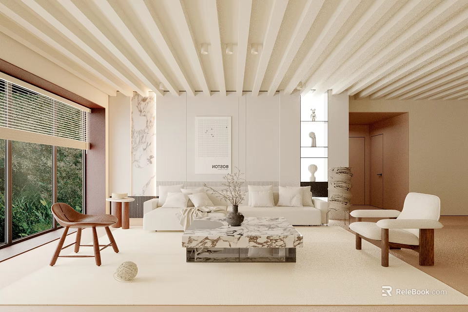 Modern Living Room Interior Design With White Sofa Coffee Table And Wooden Elements 3d model 