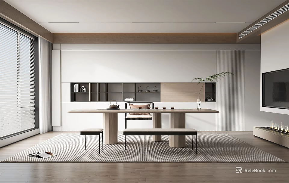Minimalist Tea Room Interior With Long Wooden Table Bench Open Shelves And Green Plant 3d model 
