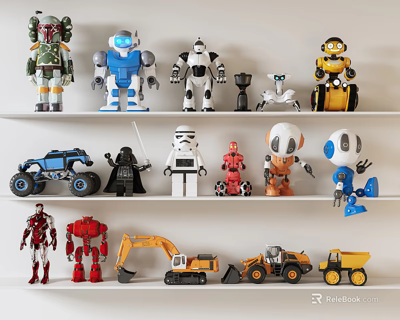 Assorted Robot And Vehicle Action Figure Toys Display On White Shelf Collection 3d model 