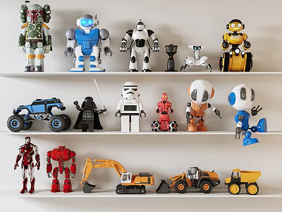 Assorted Robot And Vehicle Action Figure Toys Display On White Shelf Collection 3d model