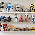 Assorted Robot And Vehicle Action Figure Toys Display On White Shelf Collection