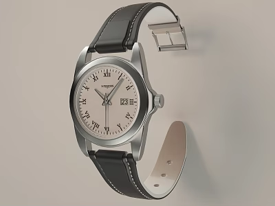 Elegant Classic Watch With White Dial Roman Numerals Silver Case And Black Leather Strap 3d model