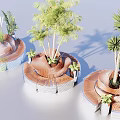 Modern Wooden Curved Landscape Seat With Palm Trees In Outdoor Area