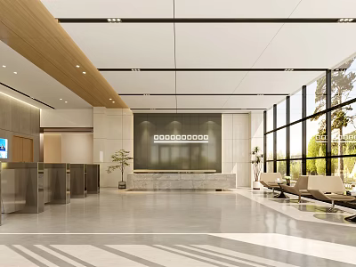 Modern Reception Desk Interior With Seating Area And Large Glass Windows 3d model