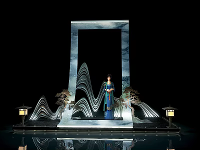 Art Installation With Square Frame Traditional Costume Female Statue Wavy Decorations Small Lanterns And Reflections 3d model