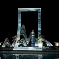 Art Installation With Square Frame Traditional Costume Female Statue Wavy Decorations Small Lanterns And Reflections