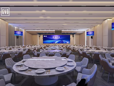 Modern Banquet Hall Setup With Round Tables Comfortable Chairs Marble Tabletops And Large Screen 3d model