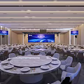 Modern Banquet Hall Setup With Round Tables Comfortable Chairs Marble Tabletops And Large Screen