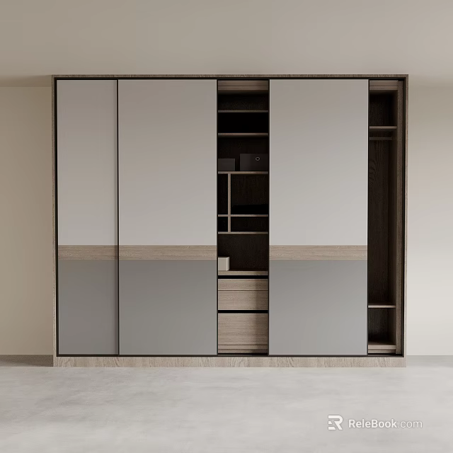 Modern Sliding Door Wardrobe With Grey And Wooden Panels Internal Shelves And Drawers Design 3d model 