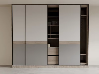 Modern Sliding Door Wardrobe With Grey And Wooden Panels Internal Shelves And Drawers Design 3d model