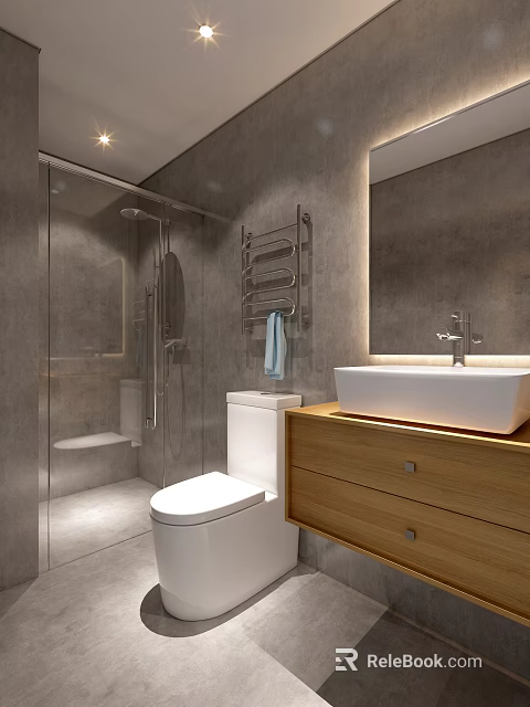 Modern Hotel Bathroom With Glass Shower Wooden Vanity And White Basin 3d model 