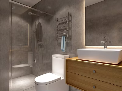 Modern Hotel Bathroom With Glass Shower Wooden Vanity And White Basin 3d model
