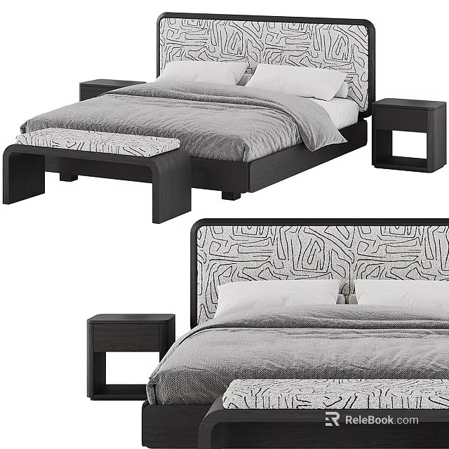 Modern Double Bed With Abstract Pattern Headboard Footstool And Wooden Nightstand 3d model 