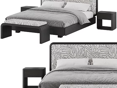 Modern Double Bed With Abstract Pattern Headboard Footstool And Wooden Nightstand 3d model