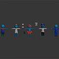 Blue Humanoid Characters And Creatures With Various Costumes Hat Wearing Uniforms And Surrounding Small Objects