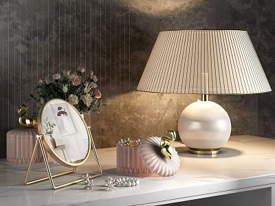 Elegant Table Lamp On White Tabletop With Golden Mirror Pink Containers And Textured Wall 3d model