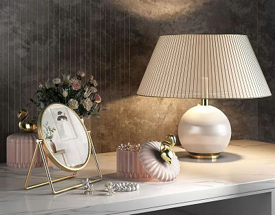 Elegant Table Lamp On White Tabletop With Golden Mirror Pink Containers And Textured Wall 3d model