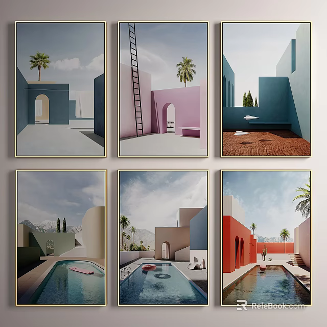 Colorful Landscape Paintings With Palm Trees Swimming Pools And Arched Buildings 3d model 