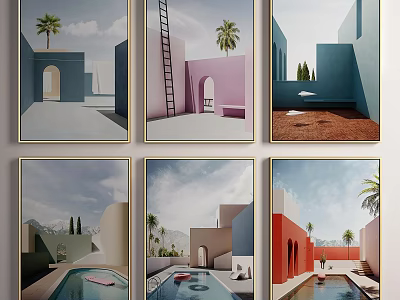 Colorful Landscape Paintings With Palm Trees Swimming Pools And Arched Buildings 3d model
