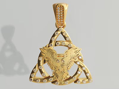 Exquisite Golden Triangular Pendant With Engraved Eagle Wings And Diamond Accents 3d model