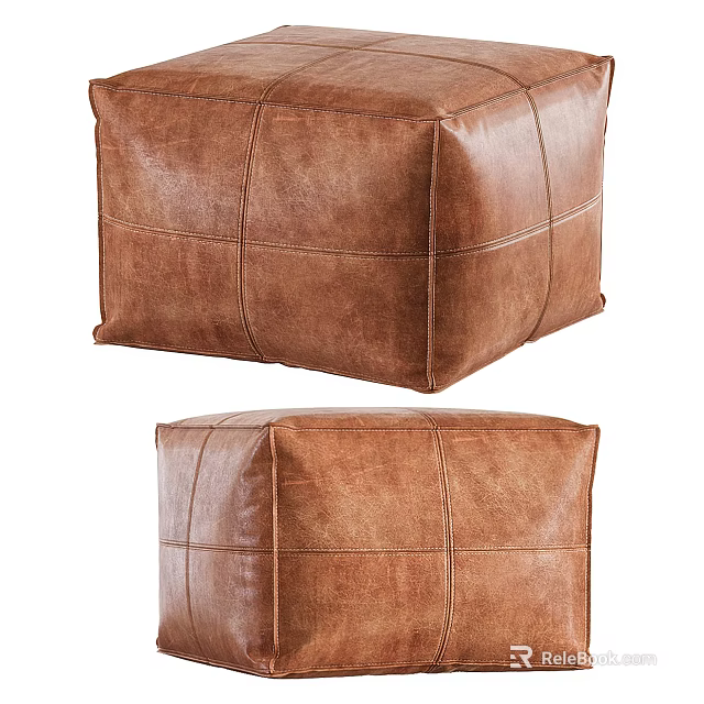 Brown Leather Square Ottoman with Stitched Design for Living Room Decor 3d model 