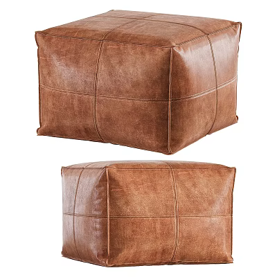 Brown Leather Square Ottoman with Stitched Design for Living Room Decor 3d model