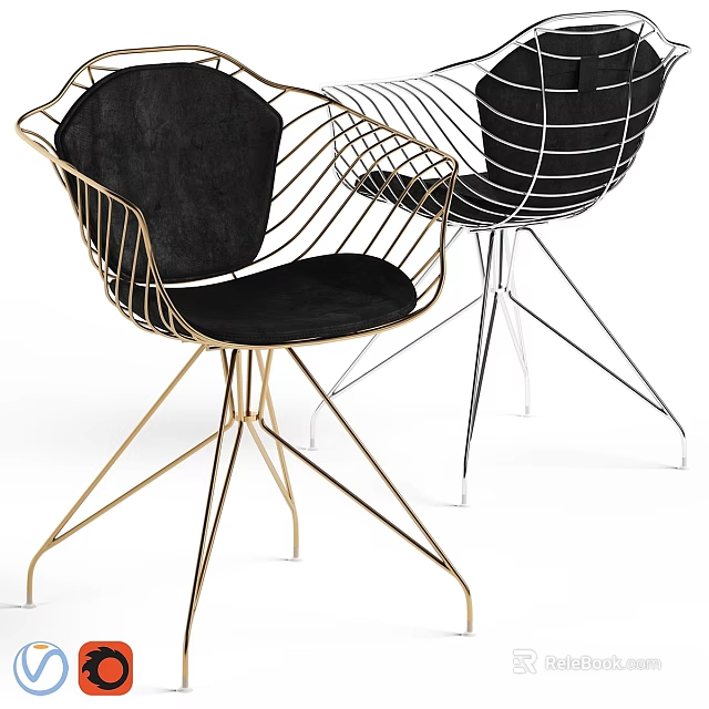 Modern Single Chair With Gold Silver Metal Wire Frame Black Velvet Seat Design 3d model 
