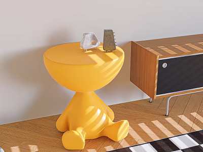 Cute Yellow Bedside Table With Cartoon Like Leg Design On Wooden Floor And Sunlight Shadows 3d model