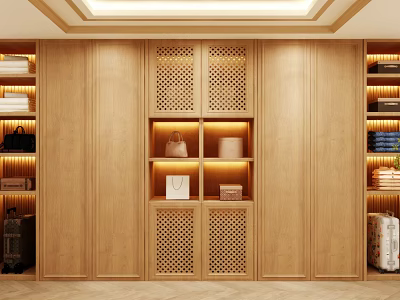 Elegant Wooden Wardrobe With Lattice Doors Storage Compartments And Display Shelves 3d model