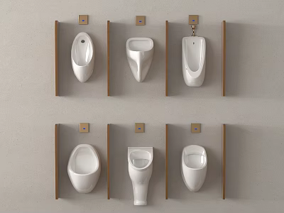 Six Sleek Contemporary Wall Mounted Urinals With Wooden Partitions On Beige Wall 3d model