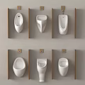 Six Sleek Contemporary Wall Mounted Urinals With Wooden Partitions On Beige Wall