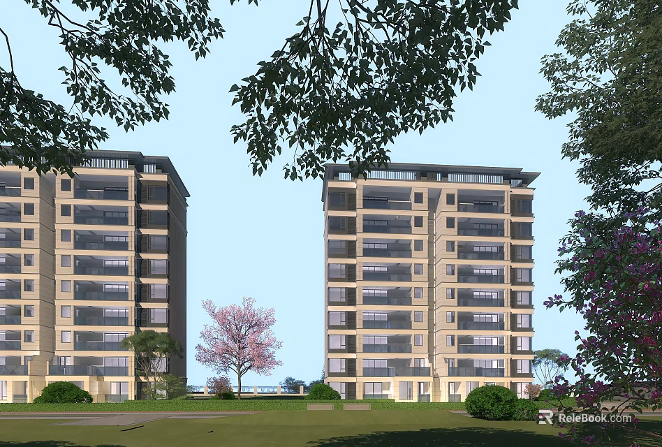 Modern Multi Storey Residential Building Exterior With Greenery Trees Cherry Blossom And Purple Flowers 3d model 