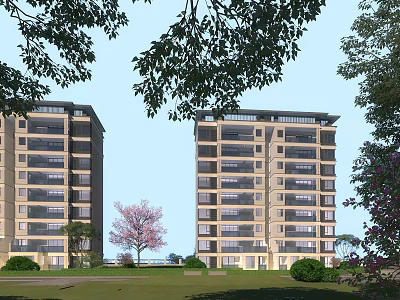 Modern Multi Storey Residential Building Exterior With Greenery Trees Cherry Blossom And Purple Flowers 3d model